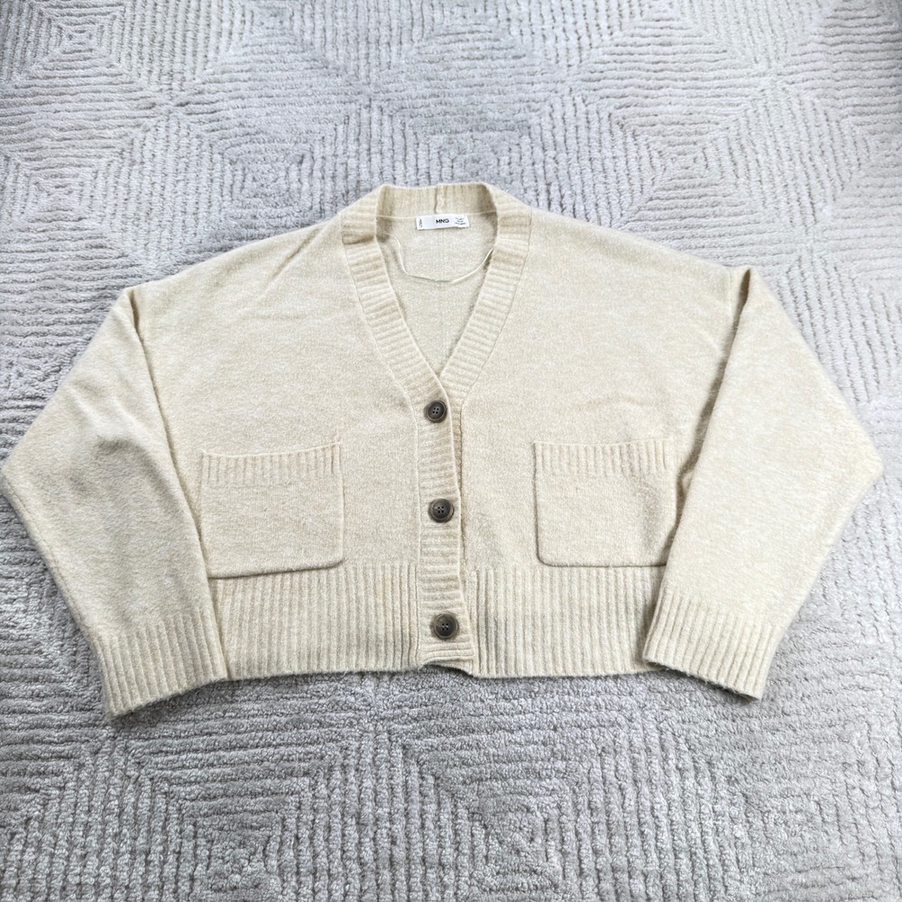 Mango MNG Cropped Cardigan Sweater Womens Small Beige Preppy Academia Neutral